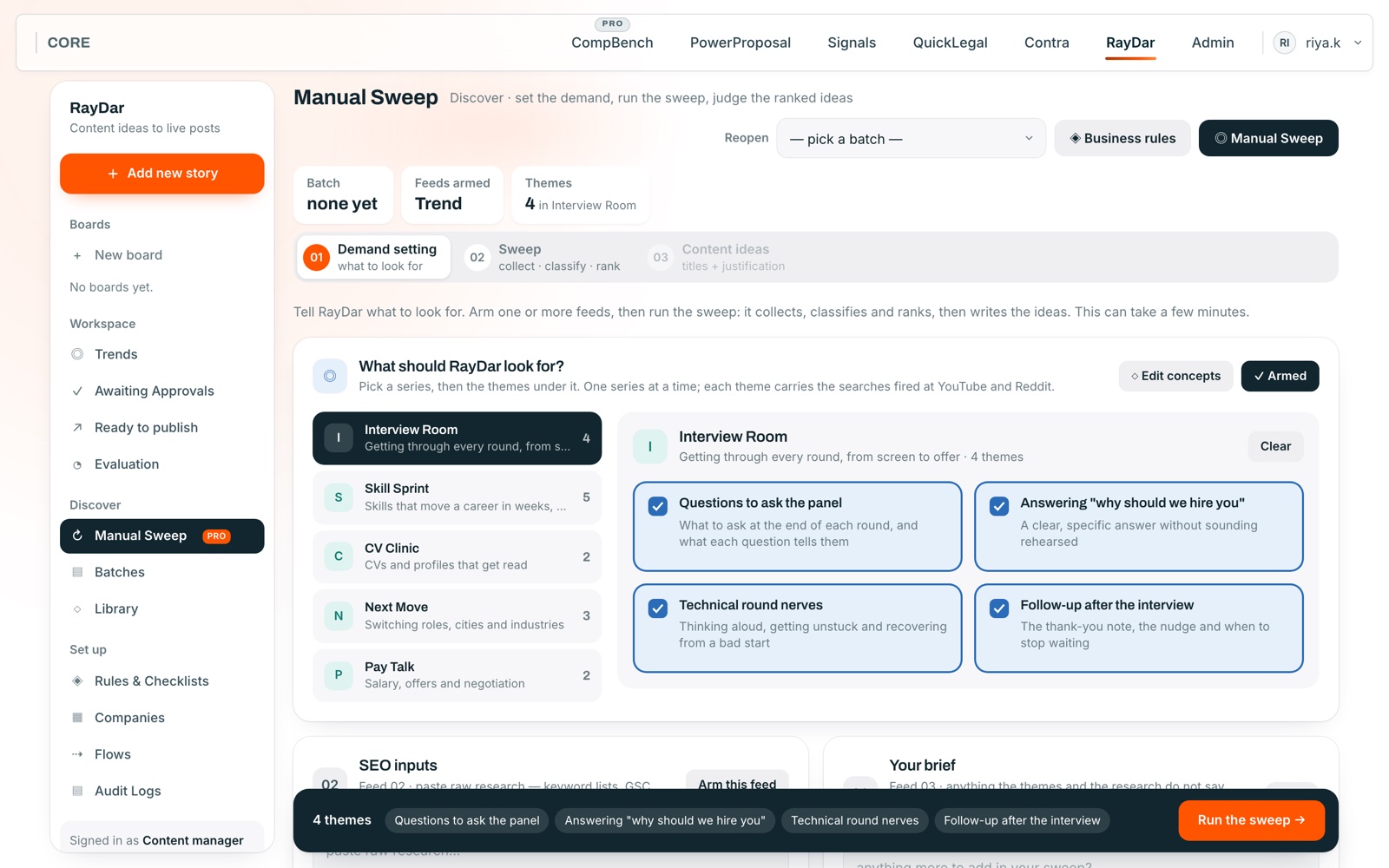 RayDar — pick a content series and its themes, then run the sweep